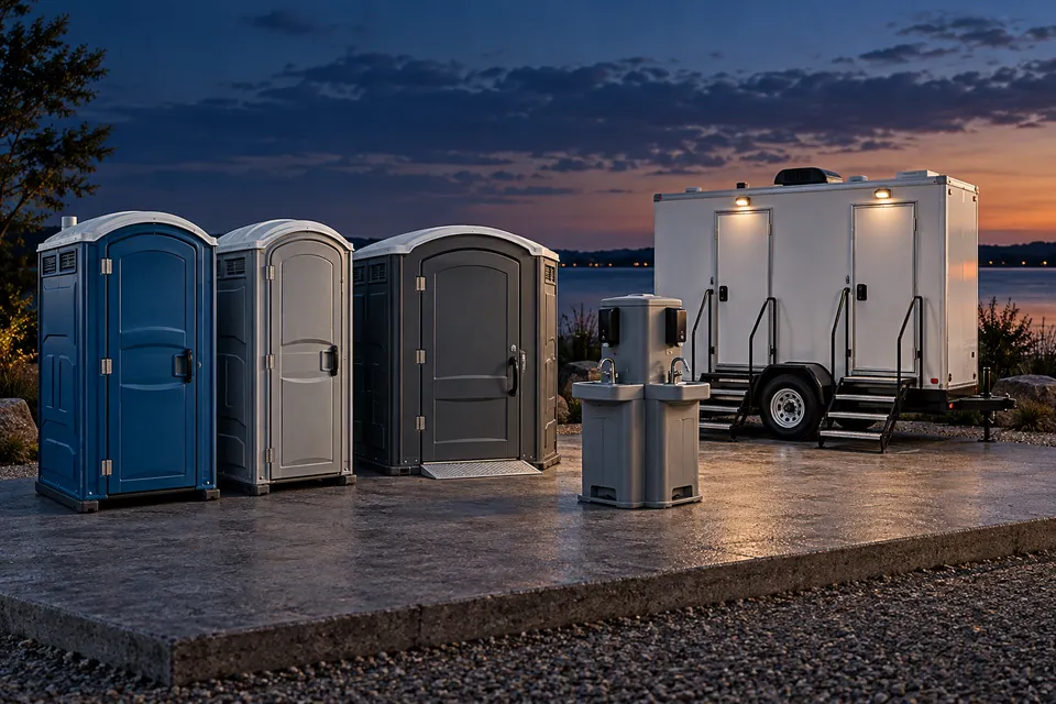 Illustrated lineup of standard and accessible portable toilets, handwashing station and restroom trailer beside a lake at dusk